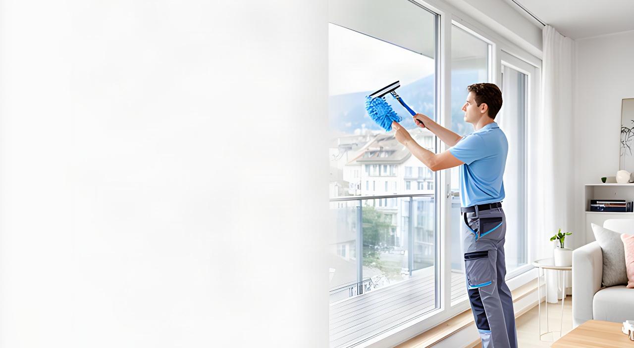 Professionelle Reinigungskraft in einer modernen Zürcher Wohnung beim Fensterputzen