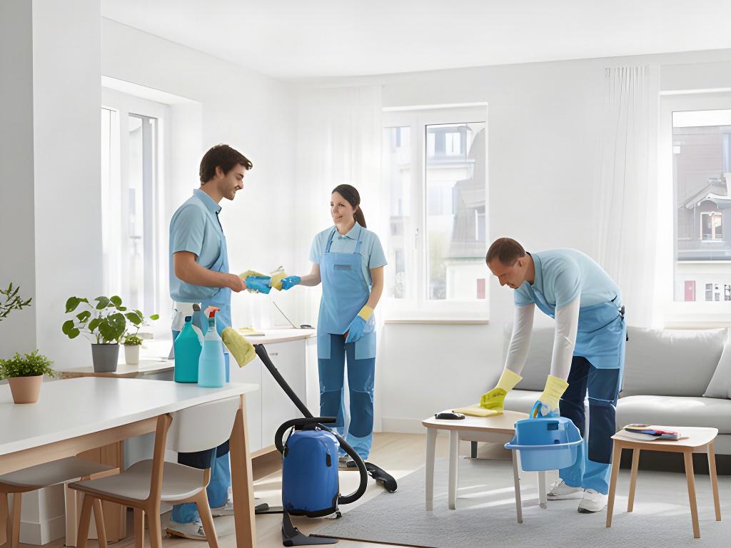 Professionelles Reinigungsteam in einer modernen Zürcher Wohnung beim sorgfältigen Arbeiten